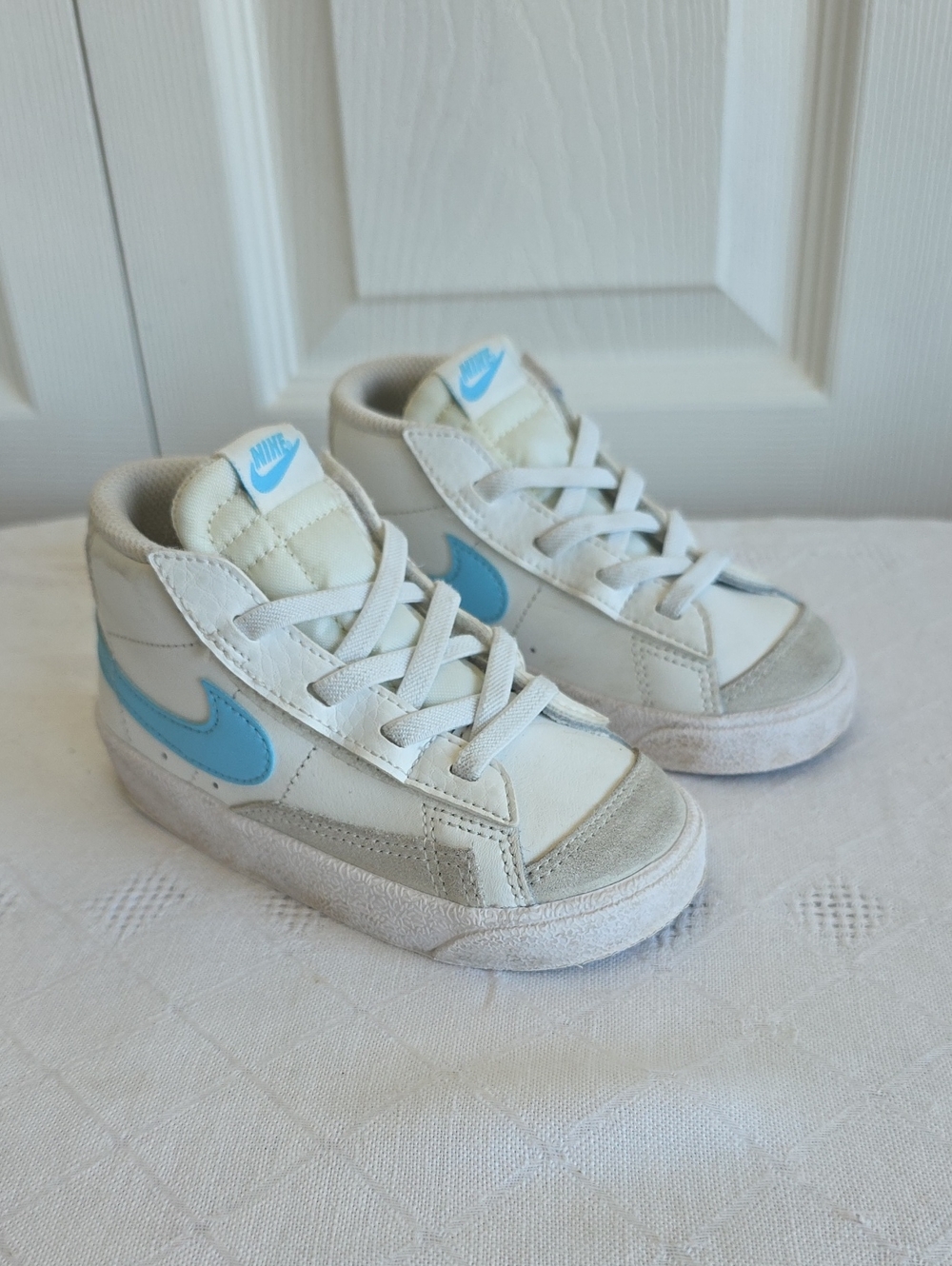 Nike Kids White and Light Blue High-Top Sneakers Size 8C
